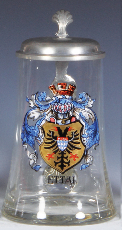 Glass stein, .5L, blown, clear, transfer & enameled, Ettal, pewter lid, mint.