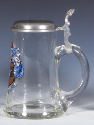 Glass stein, .5L, blown, clear, transfer & enameled, Ettal, pewter lid, mint. - 2