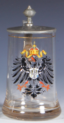 Glass stein, .5L, blown, clear, hand-painted, Prussian Eagle, pewter lid, scuffs otherwise mint.
