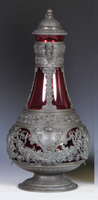 Glass stein, 2.0L, 14.2" ht., blown, cranberry, elaborate pewter overlay, pewter lid, mint. 