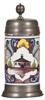 Faience stein, 9.8'' ht., late 1700s, Gebäude Walzenkrug, pewter lid & footring, lid dated 1801, touch marks inside lid, excellent condition.