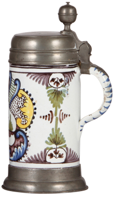 Faience stein, 9.8'' ht., late 1700s, Gebäude Walzenkrug, pewter lid & footring, lid dated 1801, touch marks inside lid, excellent condition. - 2