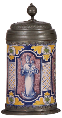 Faience stein, 9.7" ht., mid 1700s, Nürnberger Walzenkrug, Kordenbusch mark, elaborate pewter lid & footring, some pewter repair to footring, handle break is re-attached with pewter.