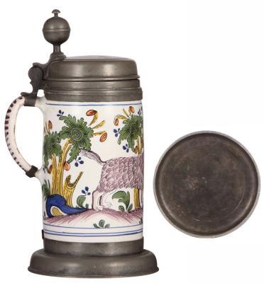 Faience stein, 11.9" ht., c.1770, Thüringer Walzenkrug, sheep & lamb, pewter lid & footring, lid dated 1775, breaks on handle re-glued & covered by pewter straps. - 3