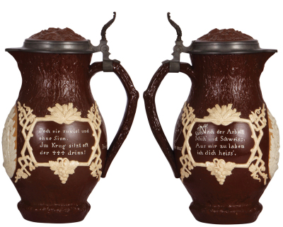 Mettlach stein, 4.0L, 14.4" ht., 1028, relief, inlaid lid, mint. - 2