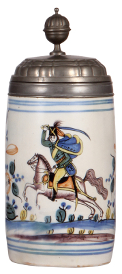Faience stein, 10.3'' ht., late 1700s, Thüringer Walzenkrug, pewter lid dated 1795, excellent pewter strap repair, excellent hairline repair.