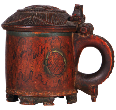 Wood tankard, 8.5" ht., Norwegian, c.1780, carved animal feet, lid and thumblift, painted decoration on body, one tight 3" hairline, colors and patina are very good.