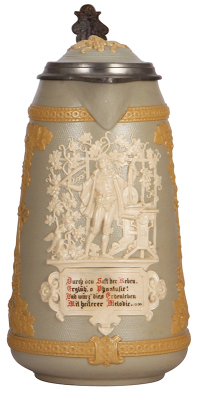 Mettlach stein, 3.2L, 12.9'' ht., 1821, relief, by Hein, inlaid lid, mint.