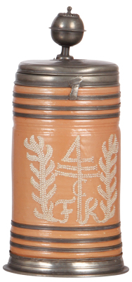 Stoneware stein, 10.7" ht., early 1700s, Altenburger Walzenkrug, beading, saltglazed, pewter lid, footring, body bands & vertical handle strap, lid dated 1714, good repair to lid, a few beads missing. 