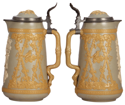 Mettlach stein, 3.2L, 12.9'' ht., 1821, relief, by Hein, inlaid lid, mint. - 2