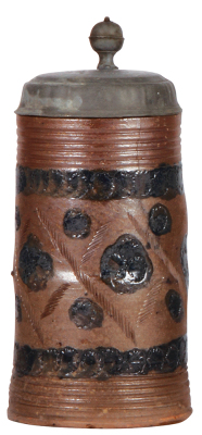 Stoneware stein, 1.0L, 9.2" ht., etched, Muskau, late 1700s, brown saltglazes, replacement pewter lid dated 1780 is rough, 3" hairline, small top rim chip.