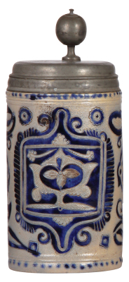 Stoneware stein, 1.5L, 11.0'' ht., mid 1700s, Westerwälder Walzenkrug, incised, blue saltglaze, pewter lid dated 1742, tight 3" line on side, pewter tear at rear of lid, still strong.