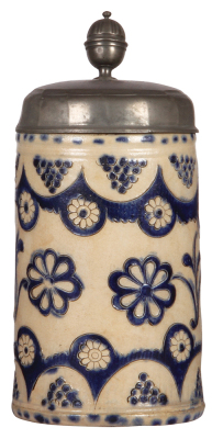 Stoneware stein, 10.2'' ht., 1700s, Westerwälder Walzenkrug, incised, blue saltglaze, pewter lid, lid dated 1782, minor flakes on top rim.