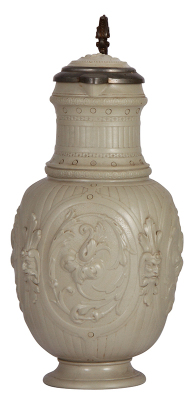 Mettlach stein, 2.7L., 14.1'' ht., 1791, relief, inlaid lid, mint.