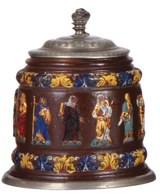 Creussen  stein, stoneware, 6.6" ht., late 1800s, Apostles, made by Saltzer, pewter lid and footring, some minor color wear.