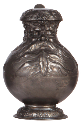 Pewter stein, 1.0L, relief, marked Imperial Zinn B. & C., Bartmannskrug, pewter lid, minor dent, otherwise mint. 