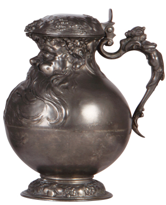 Pewter stein, 1.0L, relief, marked Imperial Zinn B. & C., Bartmannskrug, pewter lid, minor dent, otherwise mint.  - 2