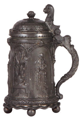 Pewter stein, .5L, relief, marked Orivit, 2010, elaborate detailed design, pewter lid, mint. 