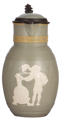 Mettlach stein, 3.6L, 13.5'' ht., 3024, relief, inlaid lid, crude pewter inscription, otherwise mint.