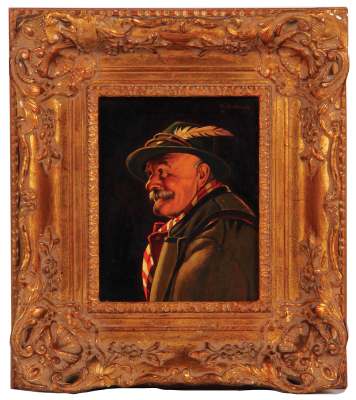 Painting, 7.1'' x 5.5'', frame 12.4'' x 11.0'', oil on panel, artist W. Roessler, 1882 - 1916, Bavarian man, chips on frame, painting very good condition.