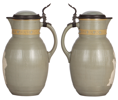 Mettlach stein, 3.6L, 13.5'' ht., 3024, relief, inlaid lid, crude pewter inscription, otherwise mint. - 2