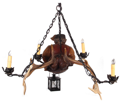 Black Forest Lustermännchen, 30.0” x 29.5” x 27.0” chain ring to bottom of lantern, made in Germany, mid 1900s, linden wood, wonderful painting, Kellner with lantern, metal lantern and lights have been rewired & working properly, excellent quality and con - 3