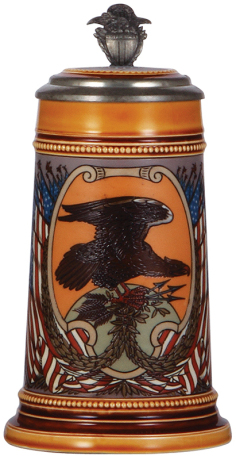 Mettlach stein, .5L, 3135, etched, inlaid lid, large base variation, interior browning, otherwise mint.