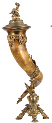 Drinking horn, 28.5" ht., brass base and band and lid, very detailed and elaborate design, very good condition. - 2
