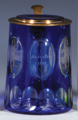 Glass stein, .5L, blown, blue on clear overlay, cut, wheel-engraved spas, Andenken 1847, matching glass inlaid lid, mint.