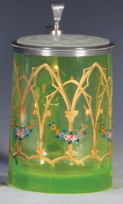 Glass stein, .5L, blown, uranium glass, faceted, gilded & enameled flowers, original glass inlaid lid: white on clear, engraved design, rare, mint.