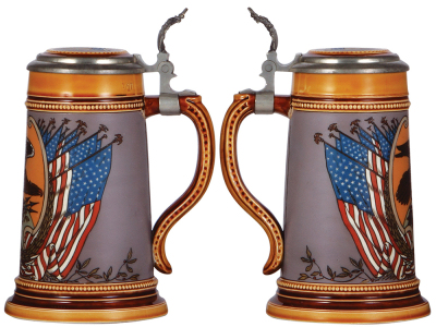 Mettlach stein, .5L, 3135, etched, inlaid lid, large base variation, interior browning, otherwise mint. - 2