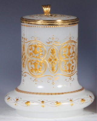 Glass stein, 1.0L, blown, white opaline, gilded, matching glass inlaid lid, rare, upper portion of handle has wear to gilding, otherwise mint.