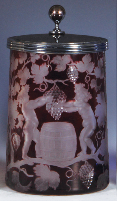 Glass stein, .5L, blown, ruby on clear overlay, deep wheel engraving, matching glass inlaid lid, silver mounts, mint.