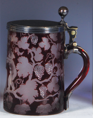 Glass stein, .5L, blown, ruby on clear overlay, deep wheel engraving, matching glass inlaid lid, silver mounts, mint. - 2
