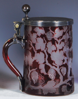 Glass stein, .5L, blown, ruby on clear overlay, deep wheel engraving, matching glass inlaid lid, silver mounts, mint. - 3