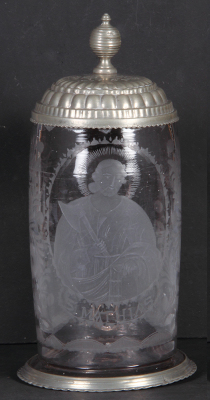 Glass stein, 1.0L, 9.5" ht., blown, late 1700s, wheel-engraved, S. Mathias, pewter lid dated 1787, mint.