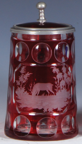 Glass stein, .25L, 5.4'' ht., blown, clear, mid 1800s, red stain, cut circles, engraved stag in forest, matching glass inlaid lid, small flakes on inlay & rim.