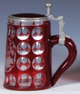 Glass stein, .25L, 5.4'' ht., blown, clear, mid 1800s, red stain, cut circles, engraved stag in forest, matching glass inlaid lid, small flakes on inlay & rim. - 2