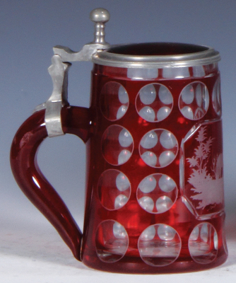 Glass stein, .25L, 5.4'' ht., blown, clear, mid 1800s, red stain, cut circles, engraved stag in forest, matching glass inlaid lid, small flakes on inlay & rim. - 3