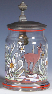 Glass stein, .5L, blown, clear, hand-painted, chamois & edelweiss, pewter lid, mint.