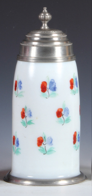 Glass stein, 1.0L, blown, c. 1830, milk glass, enameled flowers, pewter lid and footring, mint. 
