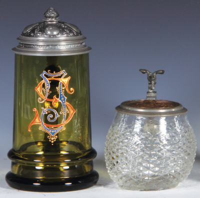 Two glass steins, .5L, blown, amber, hand-painted, pewter lid, mint; with, .25L, mold blown, hobnail, copper inlaid lid: Tübingen 1907, mint. 