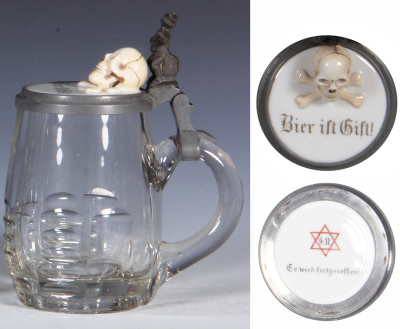 Glass stein, .5L, blown, clear, cut, porcelain inlaid lid with figural skull: Bier ist Gift!, inscription dated Rostock 1882, mint.  - 2