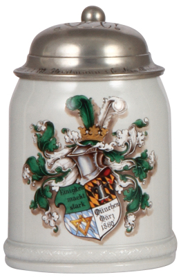 Mettlach stein, .5L, 284E, transfer & hand-painted, student society, München März 1860, pewter lid: inscription dated 1889, mint. 