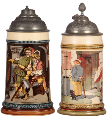 Two Mettlach steins, .5L, 1055 [2271], PUG, pewter lid, mint; with, .5L, 941 [2140], PUG, pewter lid, mint.