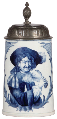 Mettlach stein, .5L, 5190, Delft, pewter lid, interior & underside discoloration, pink hue, otherwise mint.
