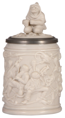 Mettlach stein, .5L, 485, relief, parian, inlaid lid, mint.