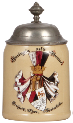 Mettlach stein, .5L, 1526, hand-painted, Thuringia sei's Panier!, 1899, student association, pewter lid, mint.