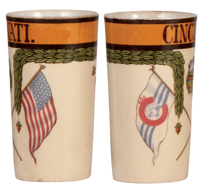 Two Mettlach beakers, .25L, 1290 [2327], Cincinnati, PUG, a little glaze browning; with, .25L, 1290 [2327], Indiana, PUG, mint. - 2