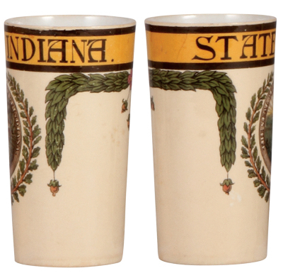 Two Mettlach beakers, .25L, 1290 [2327], Cincinnati, PUG, a little glaze browning; with, .25L, 1290 [2327], Indiana, PUG, mint. - 3